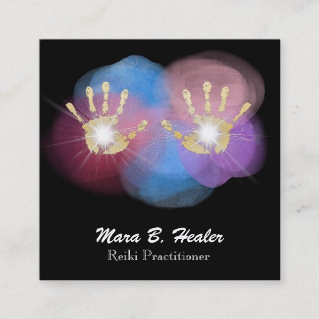 Tarjeta De Visita Cuadrada Manos curativas de Reiki del Relieve metalizado (Anverso)