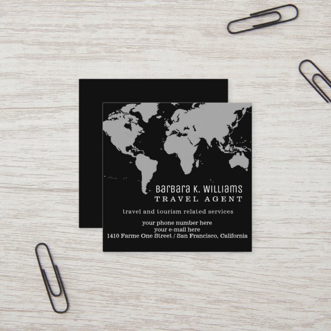 Tarjeta De Visita Cuadrada Mapa del mundo blanco y negro de agentes de viajes (Anverso/Reverso In Situ)