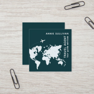 Tarjeta De Visita Cuadrada Mapa del mundo de los agentes de viajes y avión ve