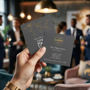 Tarjeta De Visita Cuadrada Mapa Mundial de Aventuras Moderno QR Nómada Digita
