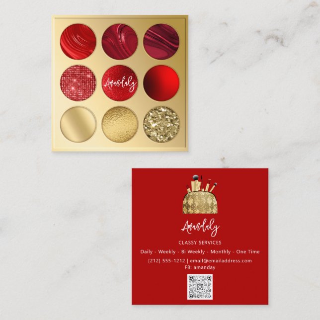 Tarjeta De Visita Cuadrada Maquillaje Artist Gold QRCode Logo Eyeshadow Red (Anverso / Reverso)