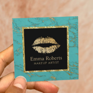 Tarjeta De Visita Cuadrada Maquillaje Artista Oro Lips Salón Trendy Turquoise