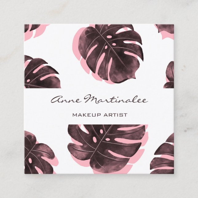 Tarjeta De Visita Cuadrada Maquillaje Artista Rosa y Mancha Monstera Negra (Anverso)