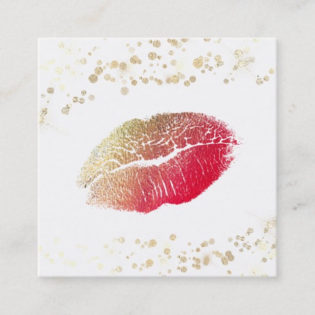 Tarjeta De Visita Cuadrada *~* Maquillaje blanco Red Lips Gold Confetti (Anverso)
