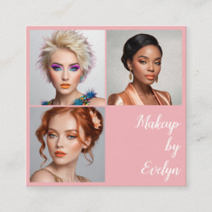 Tarjeta De Visita Cuadrada Maquillaje Código QR de 3 Fotos Escritura Blanca R