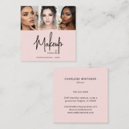Tarjeta De Visita Cuadrada Maquillaje de 3 Fotos Elegante Rosa Rubor Negro Sc