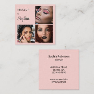 Tarjeta De Visita Cuadrada Maquillaje de 3 Fotos Elegante Rosa Rubor Negro Sc