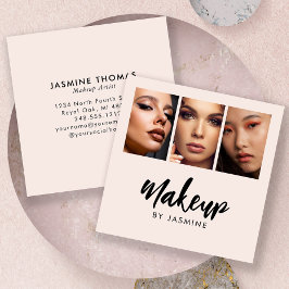 Tarjeta De Visita Cuadrada Maquillaje de 3 Fotos Elegante Rosa Rubor Negro Sc