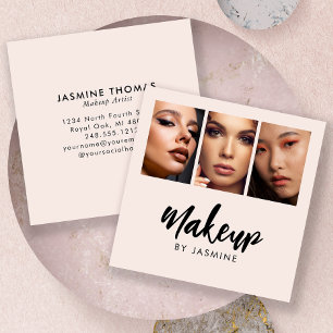 Tarjeta De Visita Cuadrada Maquillaje de 3 Fotos Elegante Rosa Rubor Negro Sc