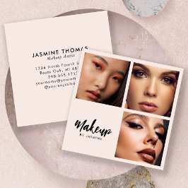 Tarjeta De Visita Cuadrada Maquillaje de 3 Fotos Elegante Rosa Rubor Negro Sc