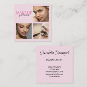 Tarjeta De Visita Cuadrada Maquillaje de 3 Fotos Script Negro Rosa Elegante