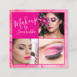 Tarjeta De Visita Cuadrada Maquillaje de foto con guión de mármol rosa calien