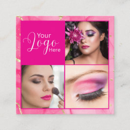 Tarjeta De Visita Cuadrada Maquillaje de foto con guión de mármol rosa calien