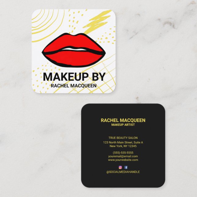 Tarjeta De Visita Cuadrada Maquillaje de labios geométricos rojos de los años (Anverso / Reverso)