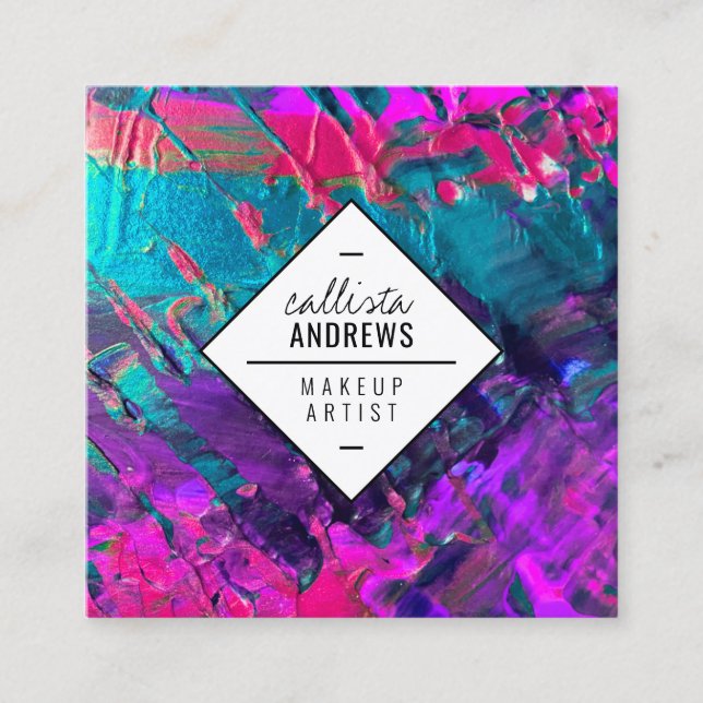 Tarjeta De Visita Cuadrada Maquillaje de pinturas metálicas púrpura Verde azu (Anverso)
