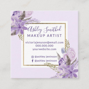 Tarjeta De Visita Cuadrada Maquillaje floral de la acuarela de la lavanda del