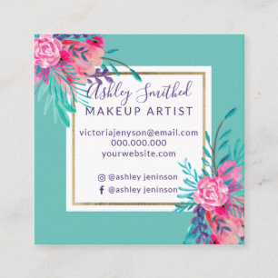 Tarjeta De Visita Cuadrada Maquillaje floral del trullo de la acuarela del