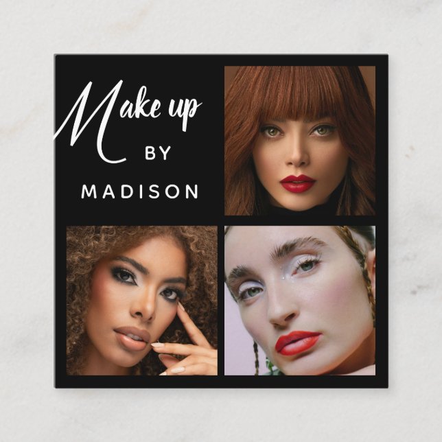 Tarjeta De Visita Cuadrada Maquillaje Moderno y Negrita Blanco Script 3 Fotos (Anverso)
