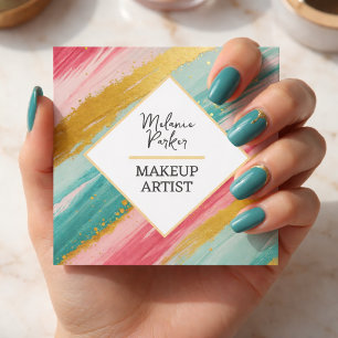 Tarjeta De Visita Cuadrada Maquillaje Pintura Brillo Dorado Rosa Teal