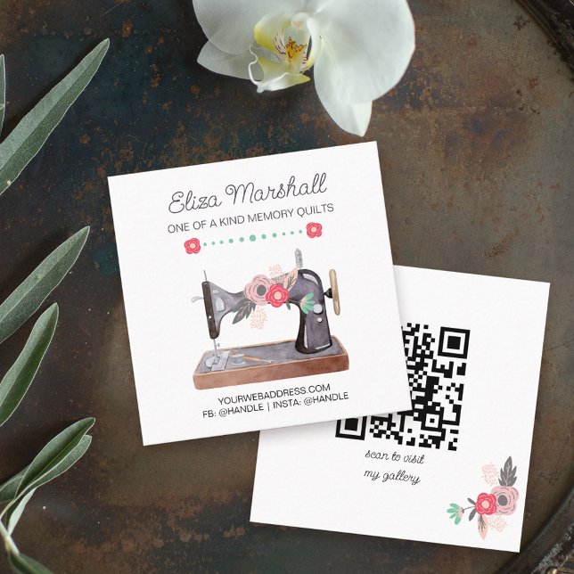 Tarjeta De Visita Cuadrada Máquina de coser de cosecha de vintage de flores d (QR code sewing themed square business card )