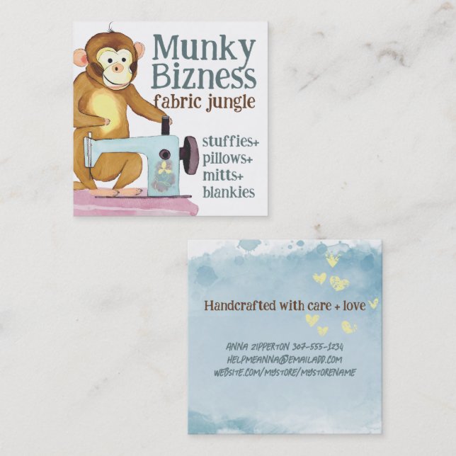 Tarjeta De Visita Cuadrada Maquinaria de coser de monos artesanías de tejido  (Anverso / Reverso)