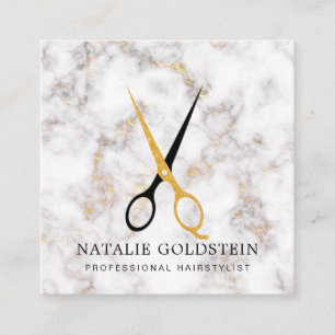 Tarjeta De Visita Cuadrada Marble Black and Gold Scissors Hairstylist