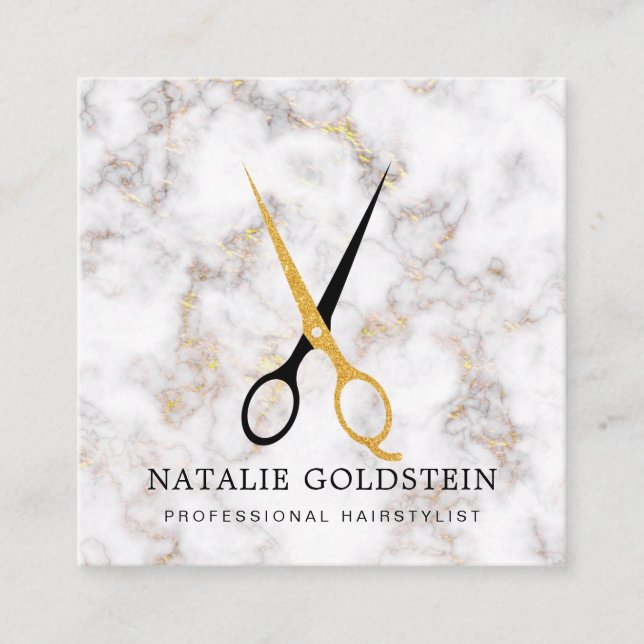 Tarjeta De Visita Cuadrada Marble Black and Gold Scissors Hairstylist (Anverso)