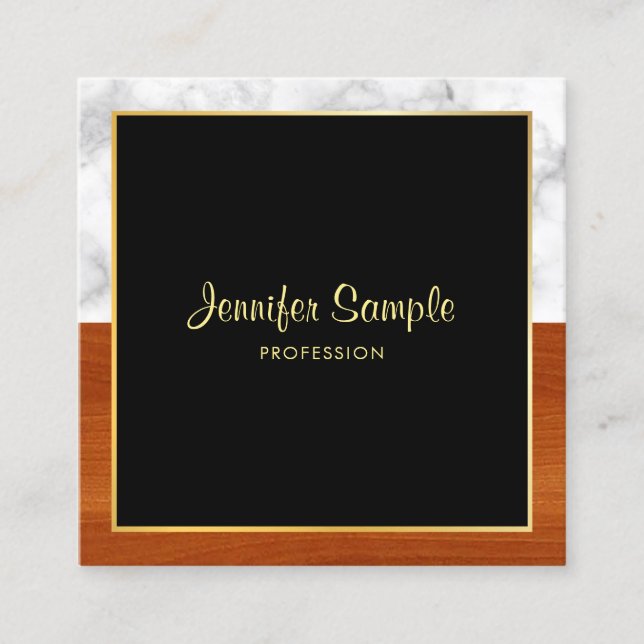 Tarjeta De Visita Cuadrada Marble blanco personalizado marrón madera dorada m (Anverso)