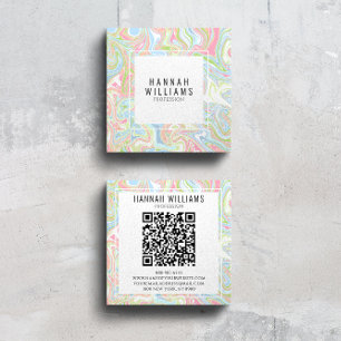 Tarjeta De Visita Cuadrada Marble Colorful Rainbow QR Código Líquido Boho Mod