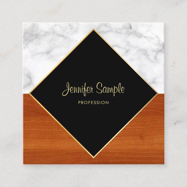 Tarjeta De Visita Cuadrada Marble Wood Gold Lujoso estilo moderno elegante (Anverso)