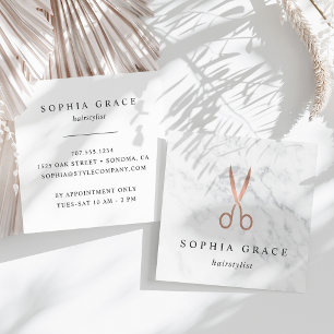 Tarjeta De Visita Cuadrada Marble y Rosa de tijeras de oro Hairstylist