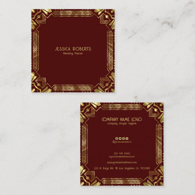 Tarjeta De Visita Cuadrada Marco Art Deco Dorado Sobre Rojo Oscuro (Anverso / Reverso)