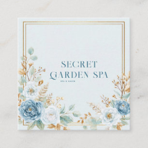 Tarjeta De Visita Cuadrada Marco de acuarela dorado Floral Rosa Azul Salvia
