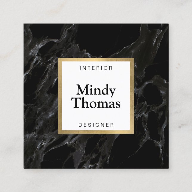 Tarjeta De Visita Cuadrada Marco de oro moderno de mármol negro (Anverso)
