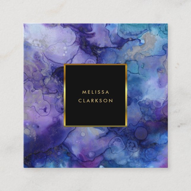 Tarjeta De Visita Cuadrada Marco dorado de manchas azul color agua moderno (Anverso)