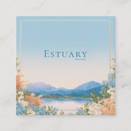 Tarjeta De Visita Cuadrada Marco dorado de paisaje de lago floral azul elegan