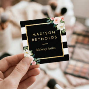 Tarjeta De Visita Cuadrada Marco dorado floral blanco Rubor Bandas blancas ne