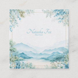 Tarjeta De Visita Cuadrada Marco Dorado Floral de Montaña Azul Etéreo Sereno