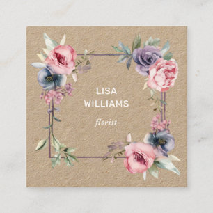Tarjeta De Visita Cuadrada Marco Floral Acuarela Rosa Azul Rústico