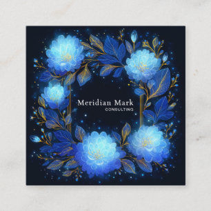 Tarjeta De Visita Cuadrada Marco Floral Celestial Dorado Floral Azul Luminoso