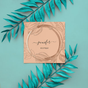 Tarjeta De Visita Cuadrada Marco floral Código QR Logo Dorado Brown Salmon