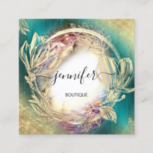 Tarjeta De Visita Cuadrada Marco floral Código QR Logotipo Gold Plaza verde V