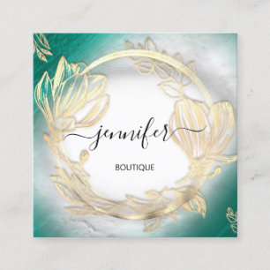 Tarjeta De Visita Cuadrada Marco floral Código QR Logotipo Gris blanco dorado