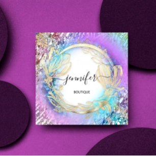 Tarjeta De Visita Cuadrada Marco floral Código QR Logotipo Oro Rosa