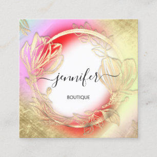 Tarjeta De Visita Cuadrada Marco floral Código QR Logotipo Rojo dorado Resume