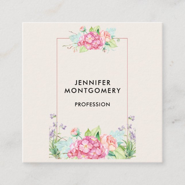Tarjeta De Visita Cuadrada Marco floral de acuarela rosa moderno (Anverso)
