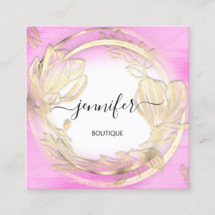 Tarjeta De Visita Cuadrada Marco floral de oro blanco QRCode Logo rosa