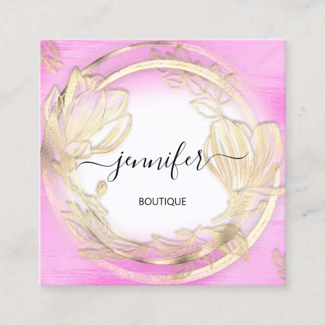 Tarjeta De Visita Cuadrada Marco floral de oro blanco QRCode Logo rosa (Anverso)