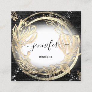 Tarjeta De Visita Cuadrada Marco floral dorado con logotipo QRCode Blanco neg