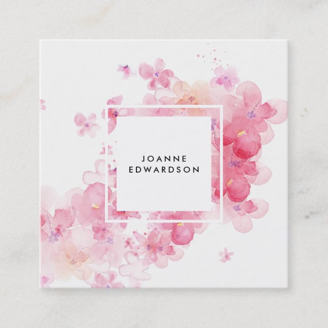 Tarjeta De Visita Cuadrada Marco floral rosado del blanco de la salpicadura (Anverso)